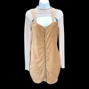 Women's Tan Zip-Up Dress with Cream Long Sleeve, M